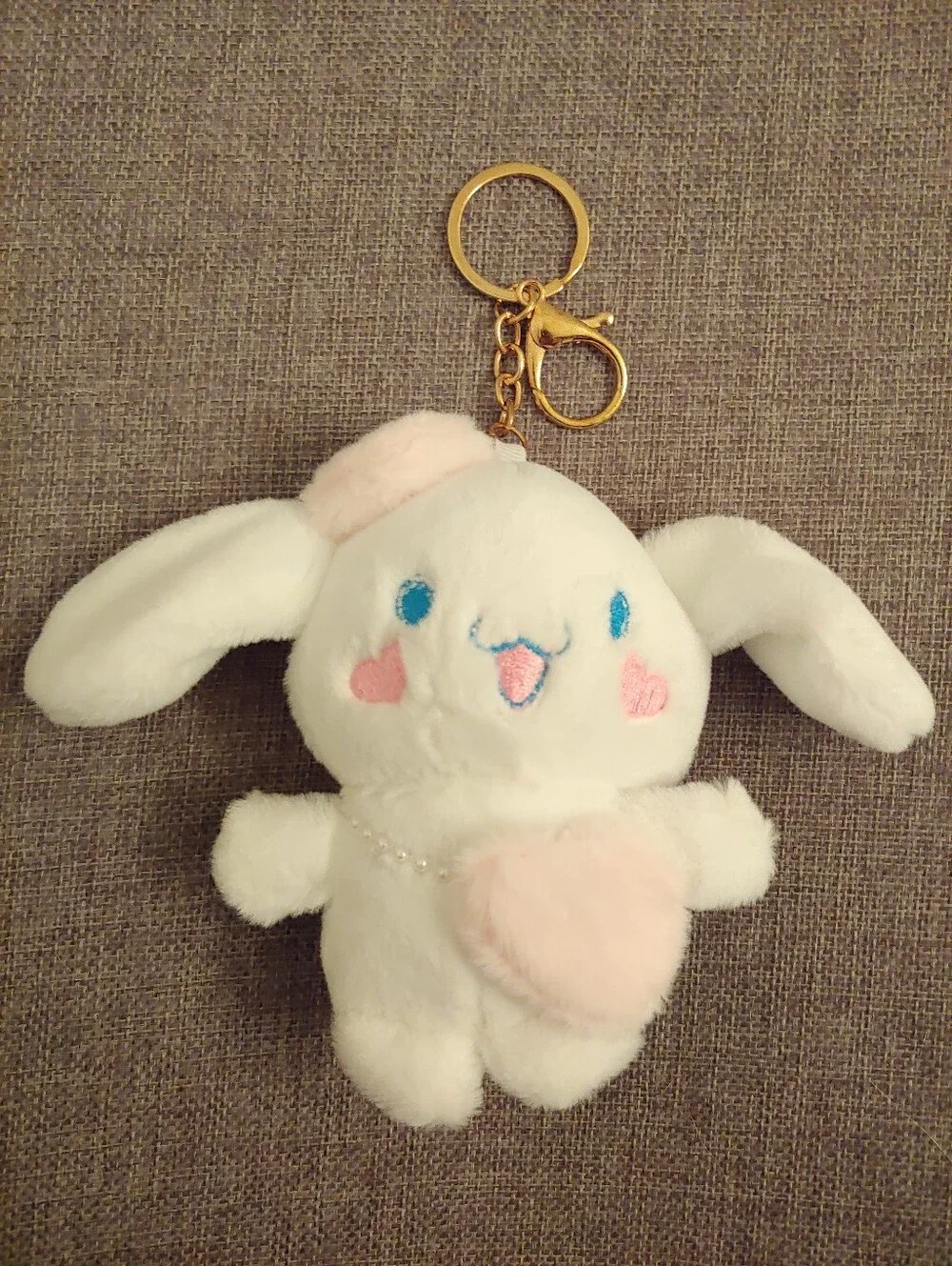 Cute White Plush Bunny Keychain with Pink Heart
